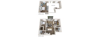 A diagram of a two-level apartment layout.