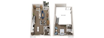 A diagram of a two-level apartment with a living room, dining room, kitchen, and bedrooms.