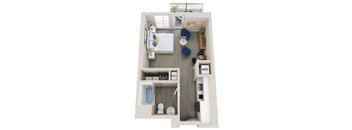 A small apartment with a bedroom, bathroom, and kitchen.