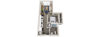 A floor plan of a small apartment with a kitchen, living room, and bathroom.