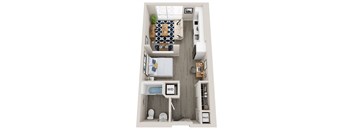 A floor plan of a small apartment with a kitchen, living room, and bathroom.