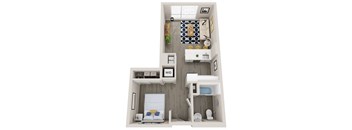 A diagram of a small apartment with a bedroom, bathroom, and kitchen.