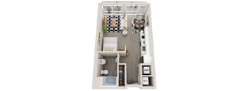 A small apartment with a bathroom and a kitchen.