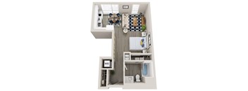 A floor plan of a small apartment with a kitchen, living room, and bathroom.