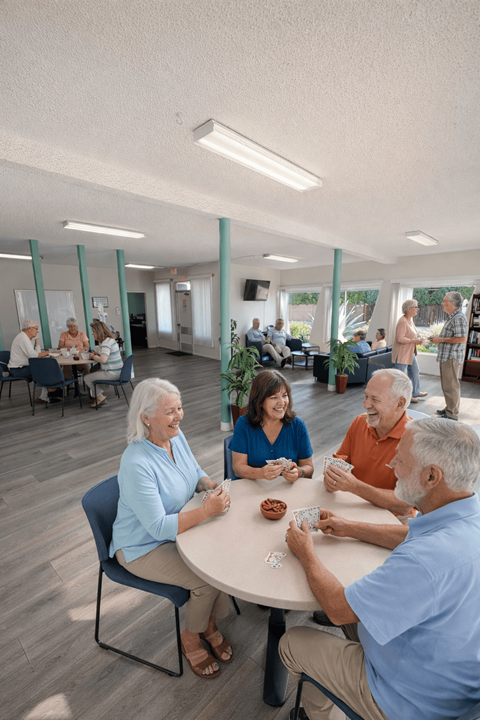 A group of elderly people are sitting around a table playing a card game.