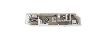 A white model of a boat with a kitchen and living room.