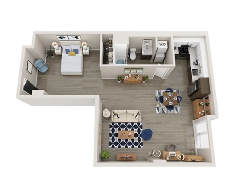 A top-down view of a small apartment with a bedroom, living room, and kitchen.