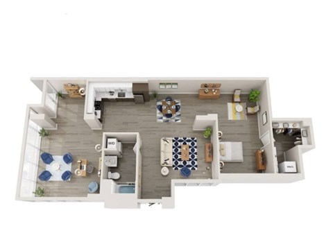 A floor plan of a house with a living room, dining room, kitchen, and two bedrooms.