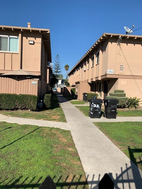 A sunny day in a residential area with houses on both sides of the street.