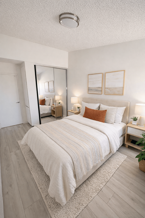 A bedroom with a large bed and a mirror on the wall.