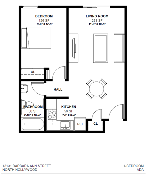 A black and white image of a floor plan for a one bedroom apartment.