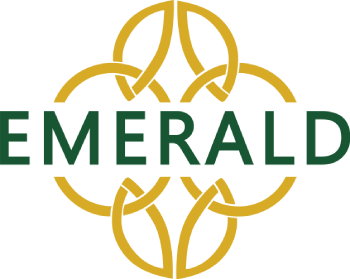 The image shows a logo with the word "EMERALD" in bold letters and a circular design with leaves around it.