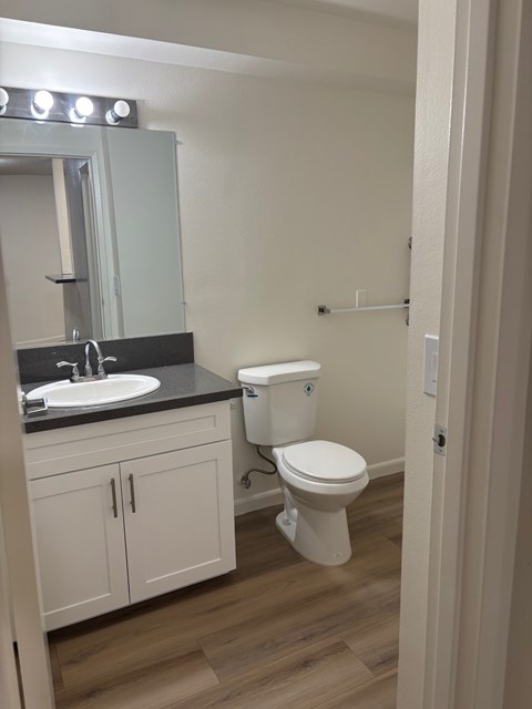 A white toilet is in a bathroom with a sink and mirror.