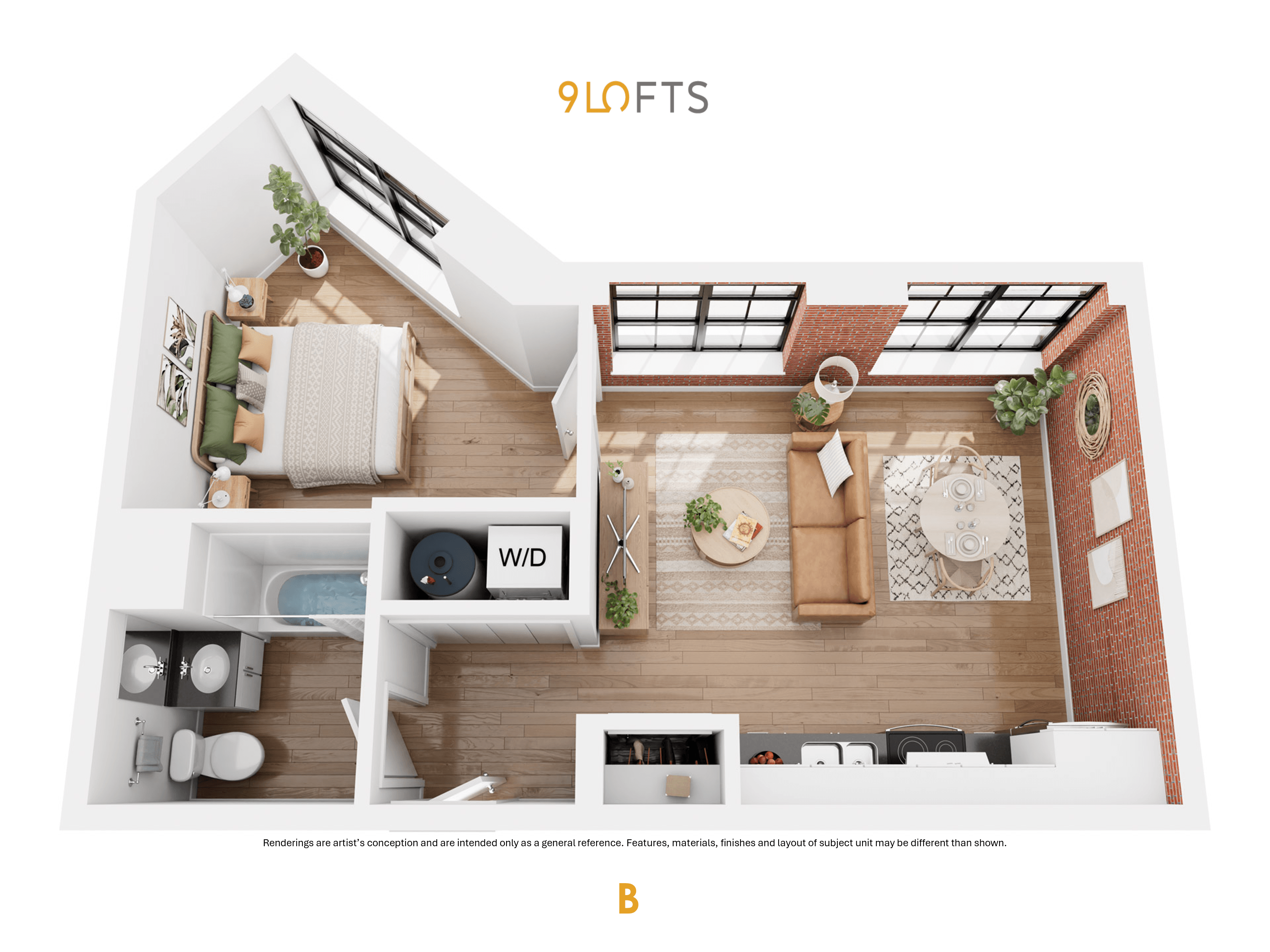 A 90-degree floor plan of a home with a living room, dining room, kitchen, and bathroom.