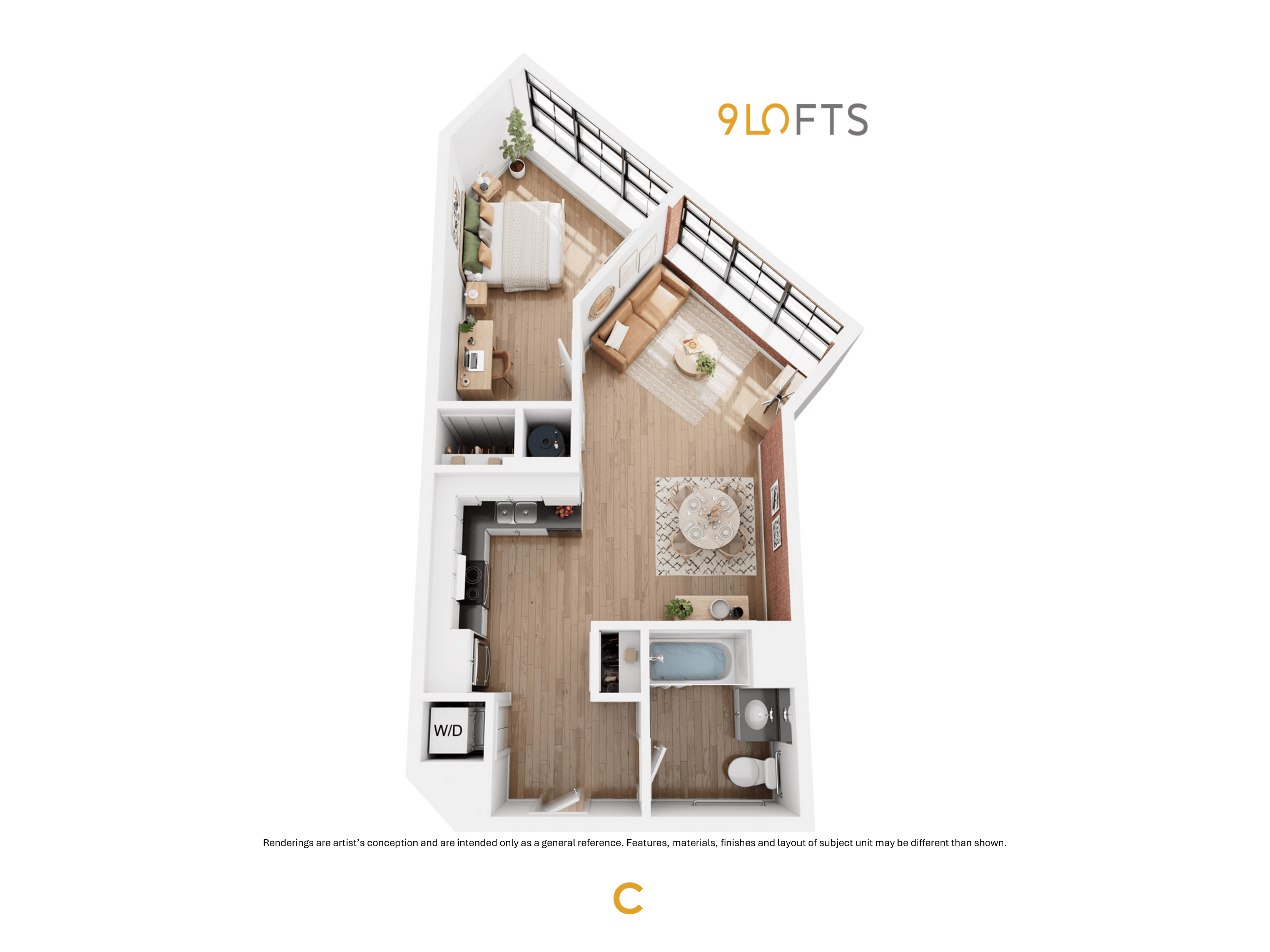 A 95 Lofts apartment floor plan with 1 bedroom and 1 bathroom
