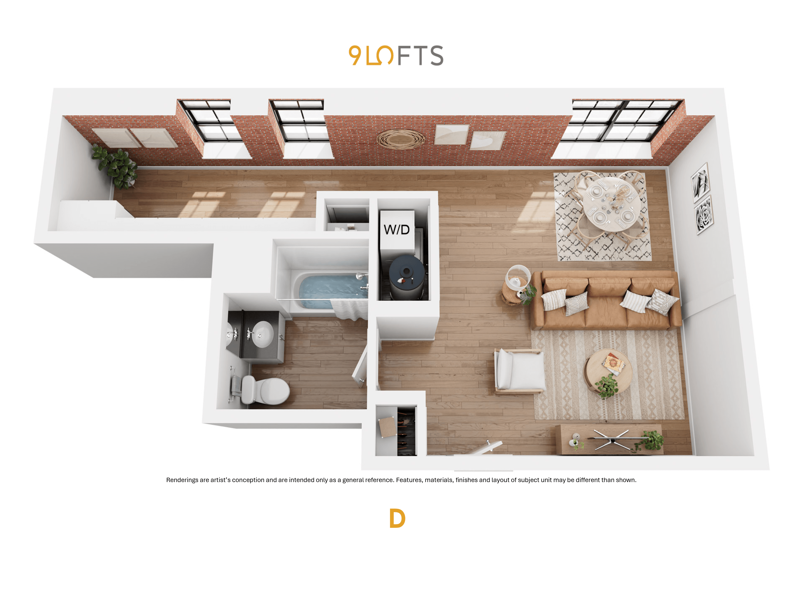 A 9 lofts apartment layout with a living room, kitchen, and bedrooms.