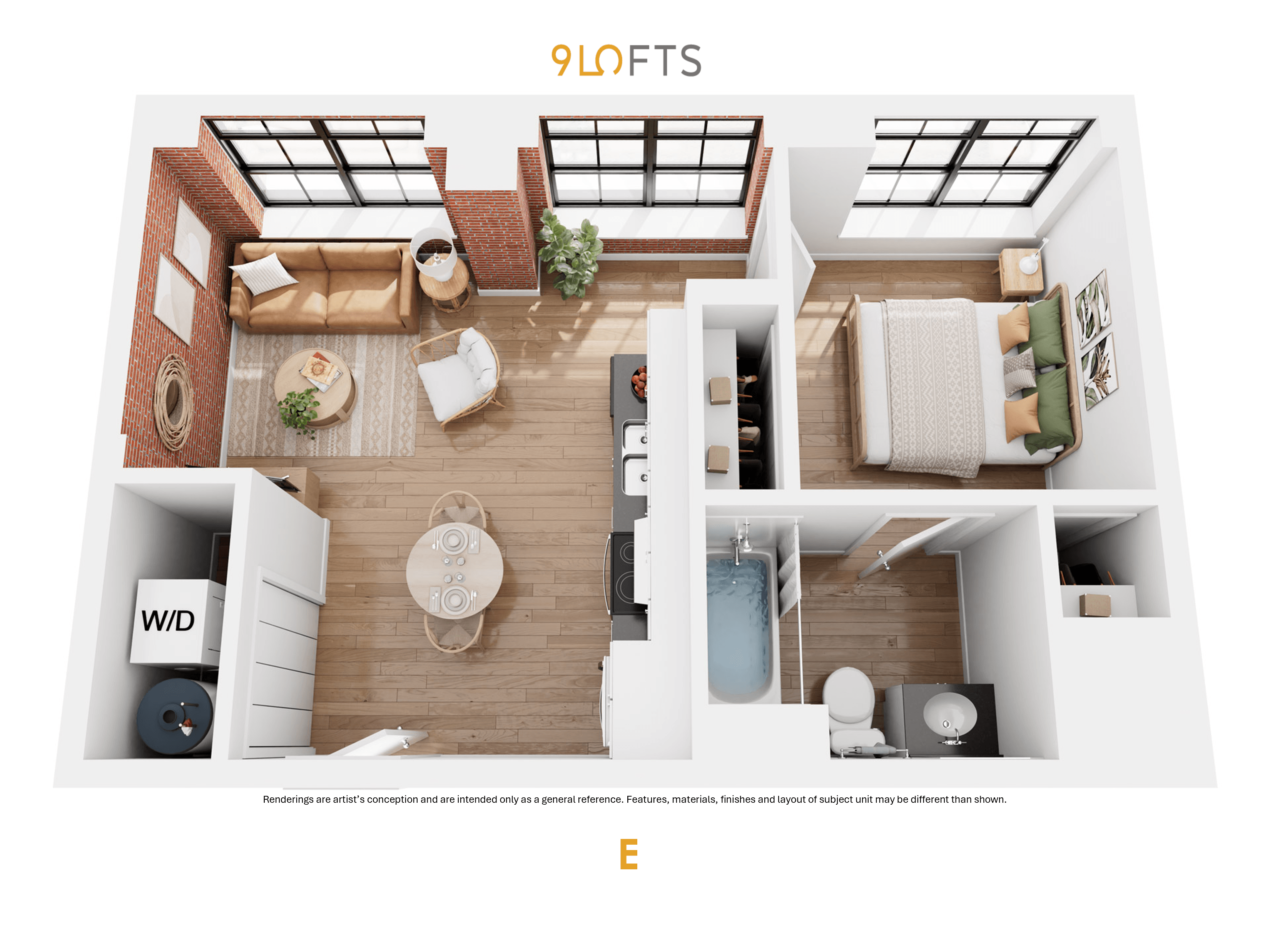 A 9 Lofts interior design layout with various furniture and decor.