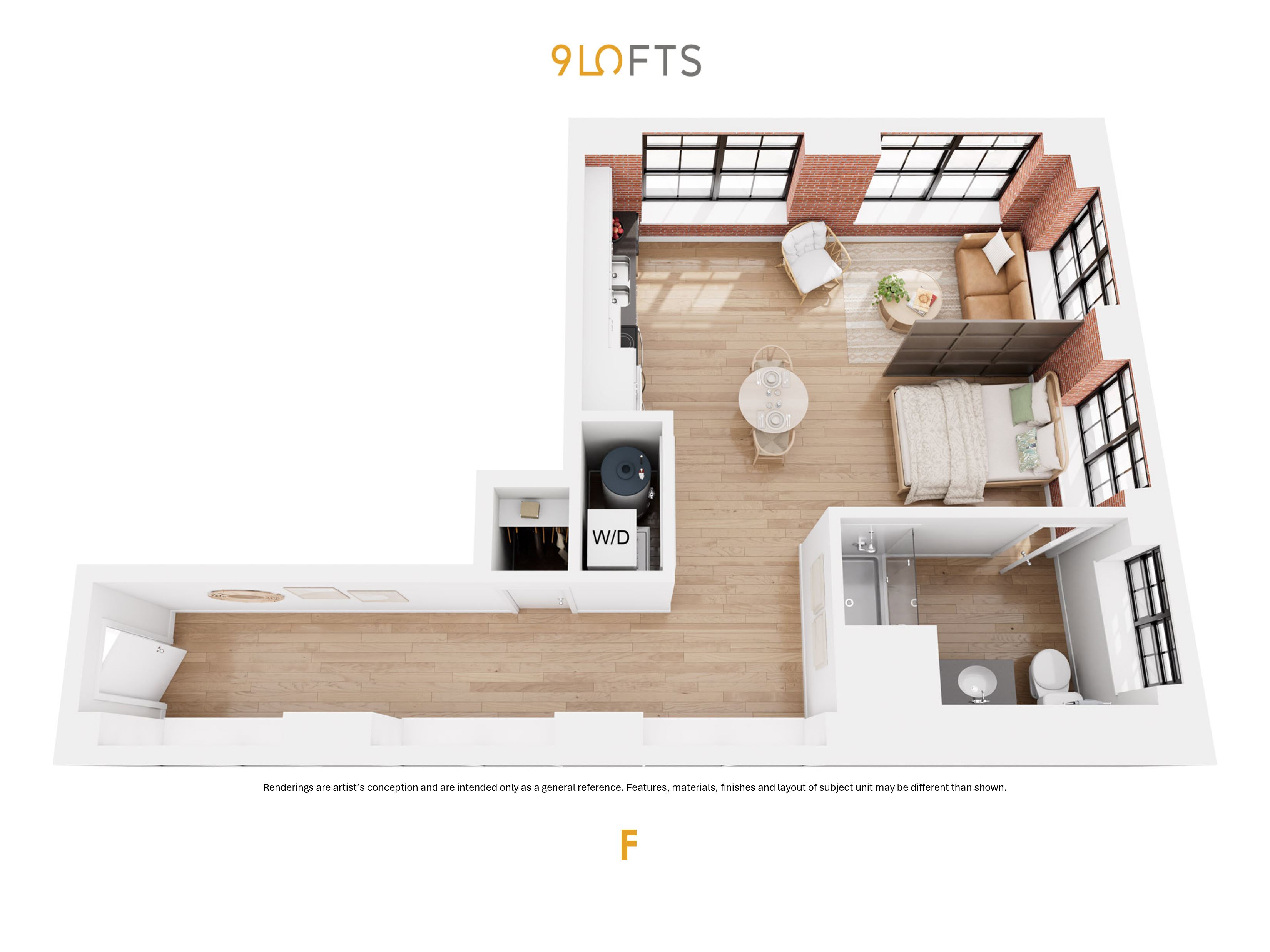 A floor plan of a 9 lofts apartment with a kitchen, living room and bedroom.