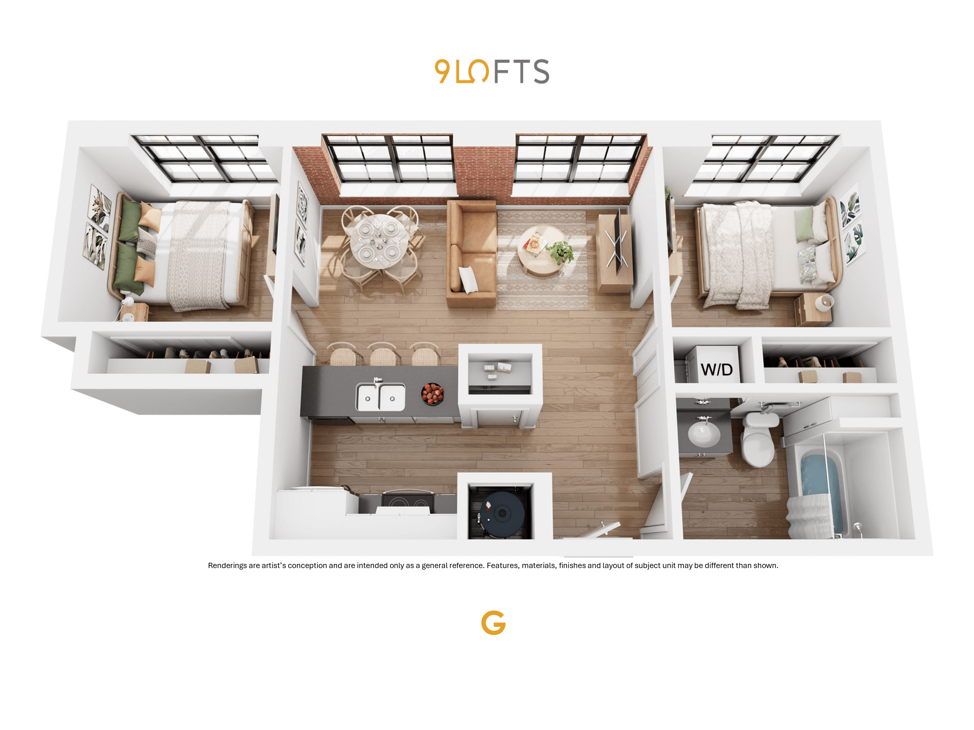 A 90-degree view of a 2-Bedroom / 2 Bathroom apartment layout.