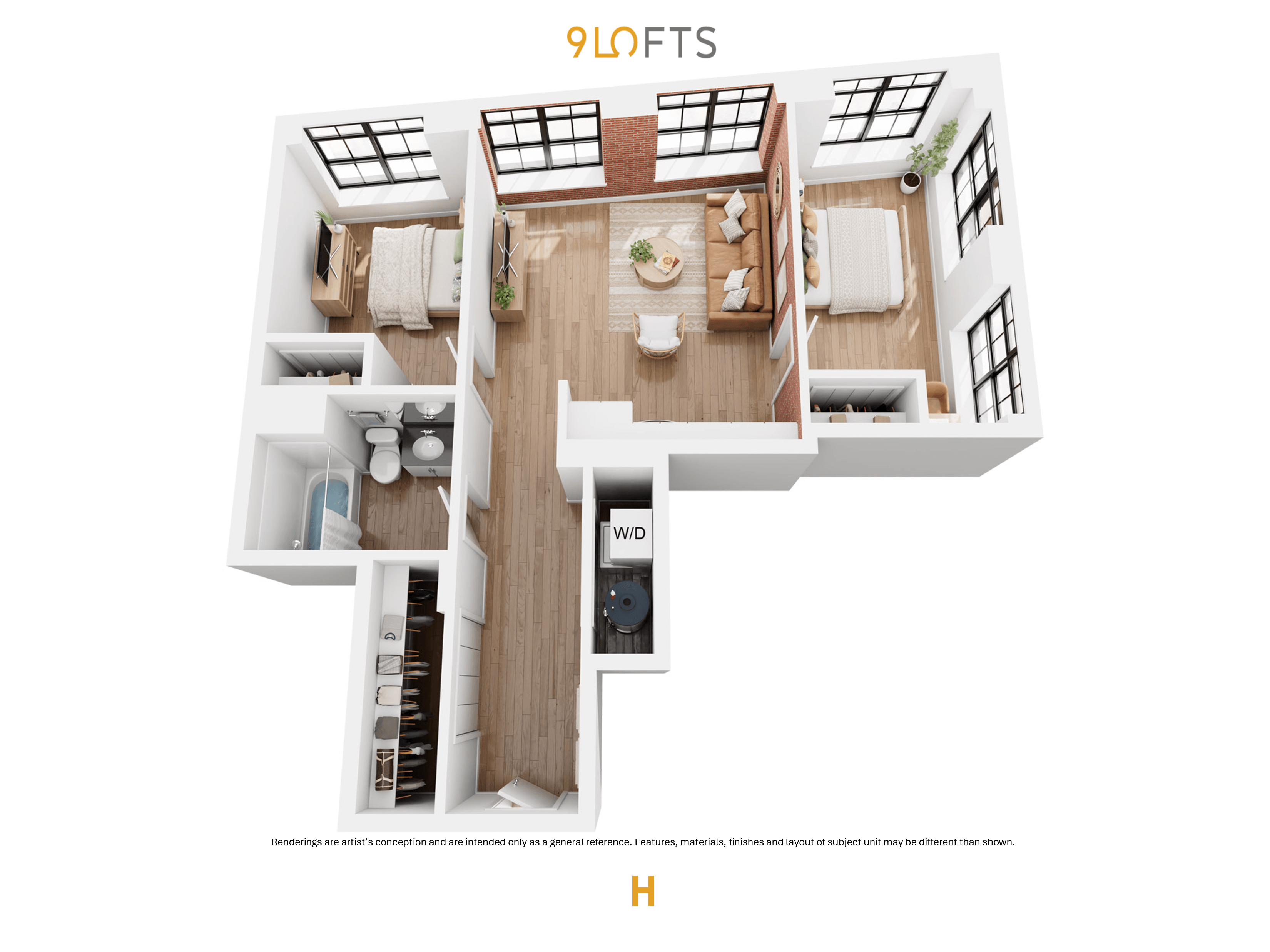 A 9 lofts apartment layout with a living room, dining room, kitchen, and bathrooms.