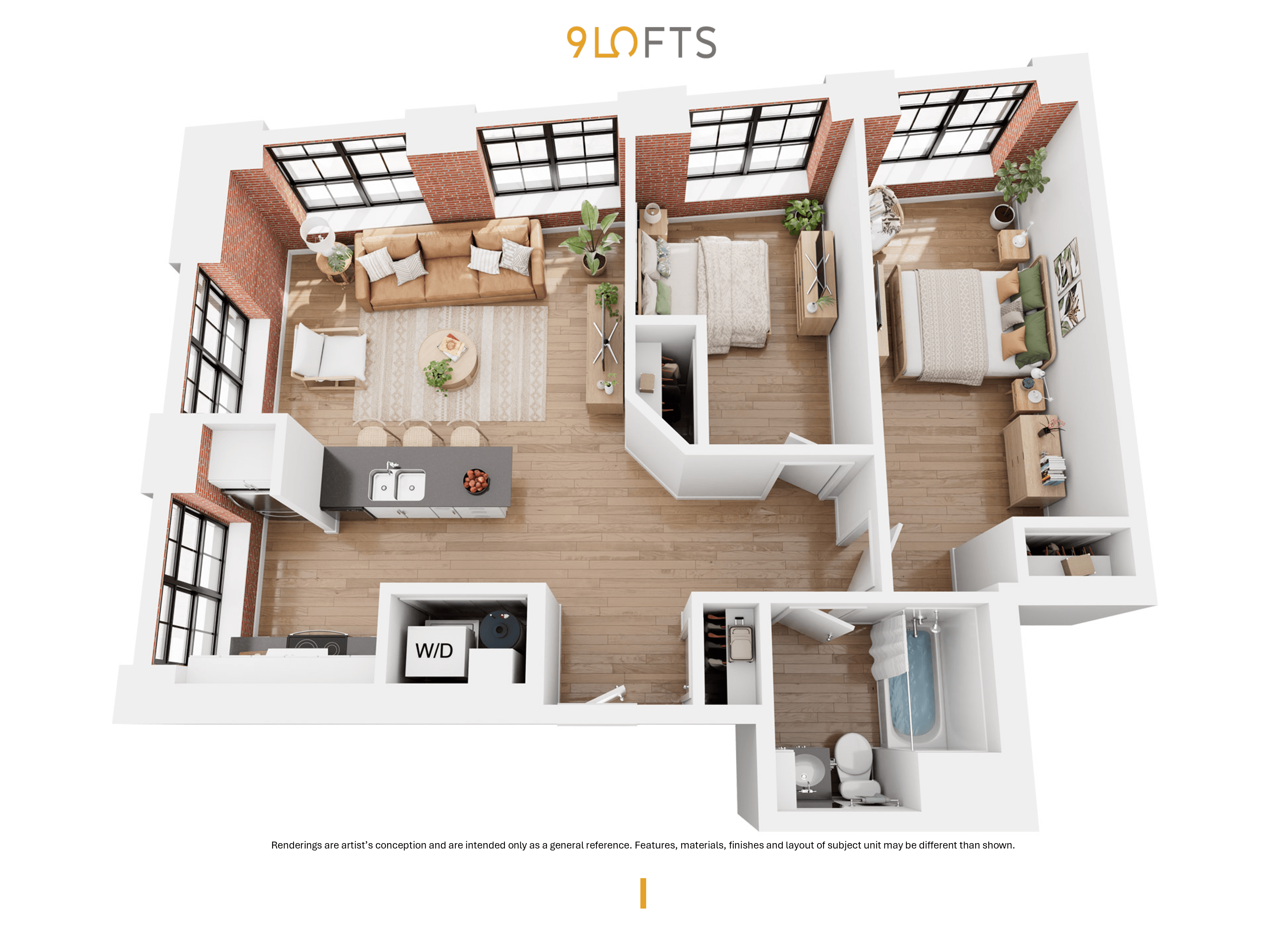A 95 lofts floor plan with 2 Bedrooms / 1 Bathrooms