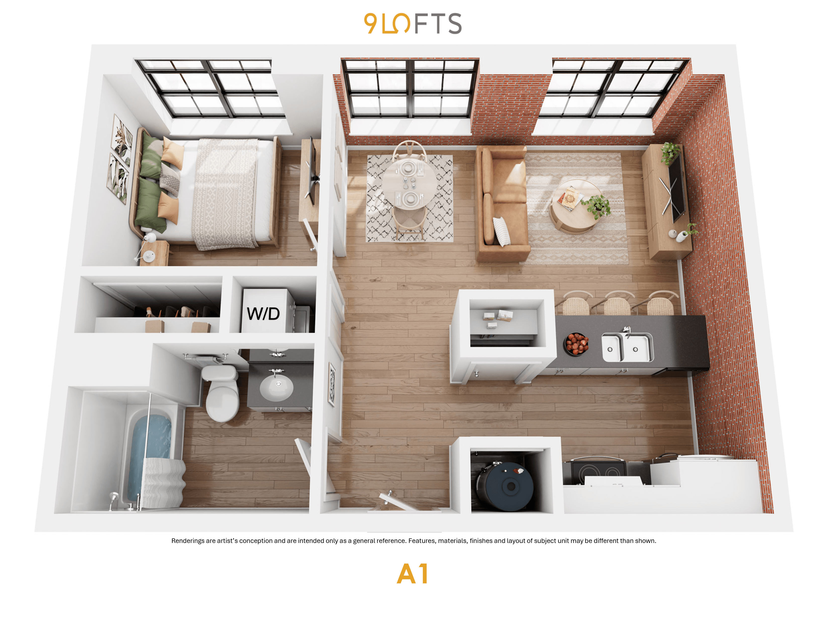 A floor plan of a 90 square foot apartment.