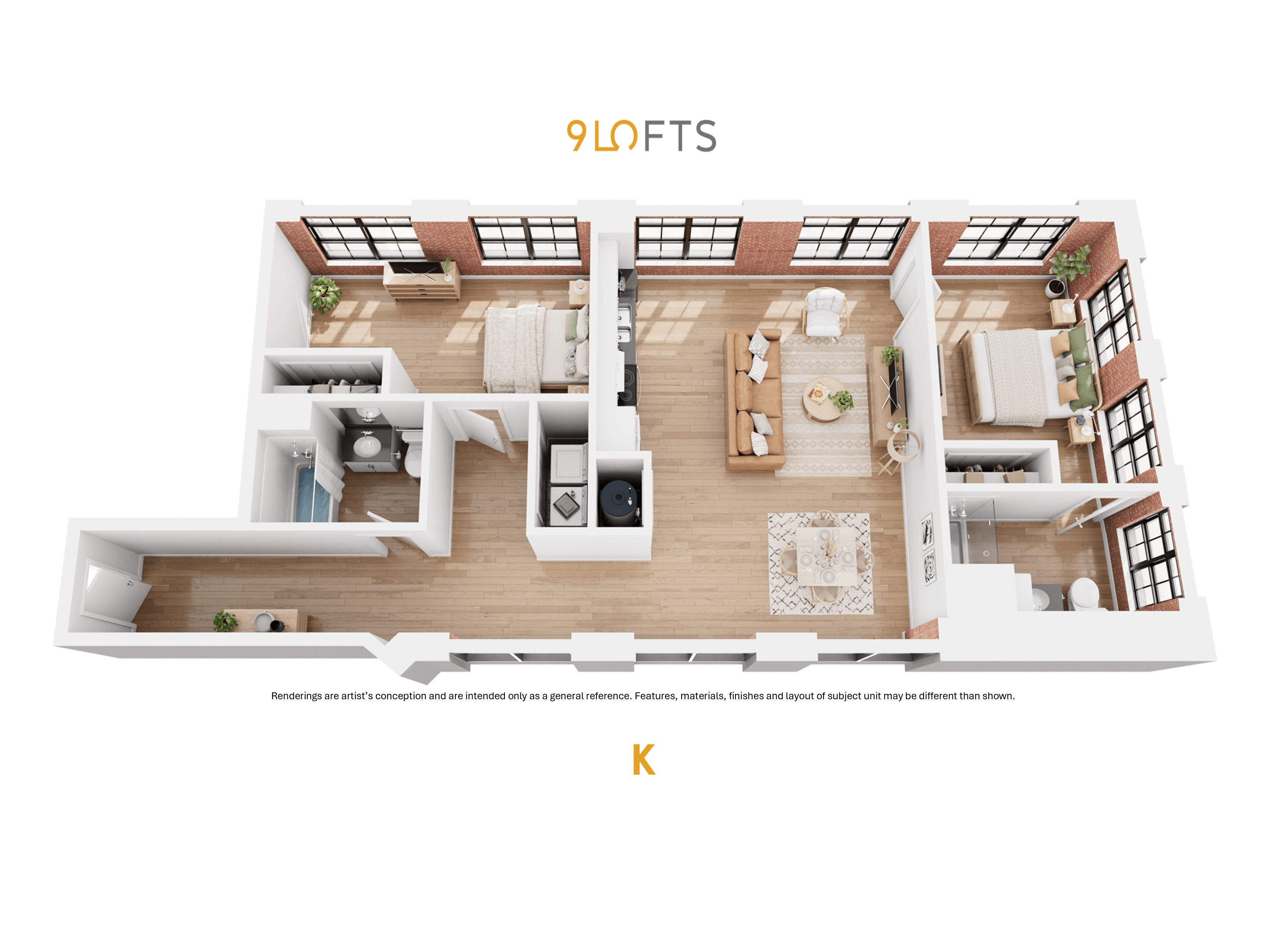 A 95 lofts floor plan with a kitchen, living room, and bedrooms.