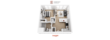 A floor plan of a Chestnut Commons apartment with a living room, kitchen, and two bedrooms.