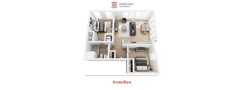 A floor plan of a Chestnut Commons apartment with a living room, kitchen, and two bedrooms.