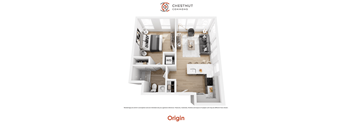 A white floor plan of a two-bedroom apartment from Chestnut Commons.
