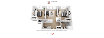 A brochure for Chestnut Commons shows a floor plan for a two-bedroom apartment.
