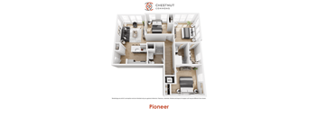 A white floor plan of a Chestnut Commons apartment with the word Pioneer underneath.