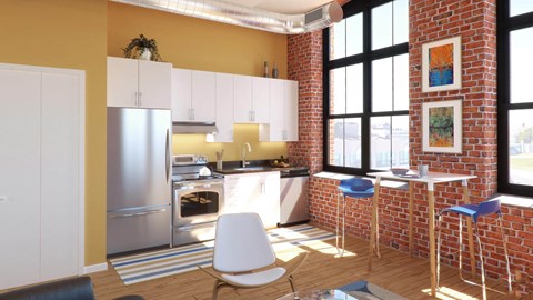 A kitchen with a refrigerator, oven, and bar stools.