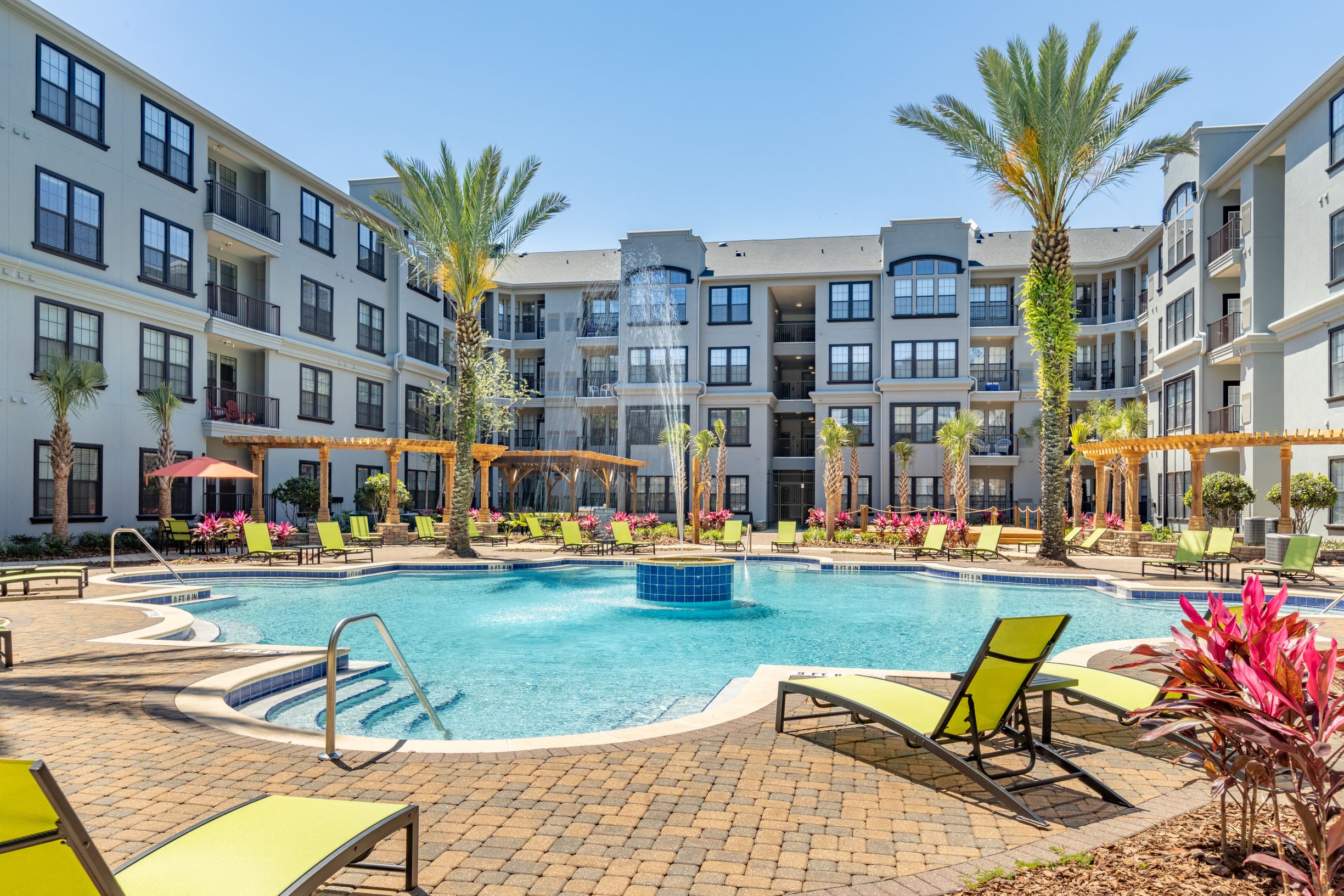 Lounge pool with fountain in the center at The Bartram, Gainesville, Florida 32608