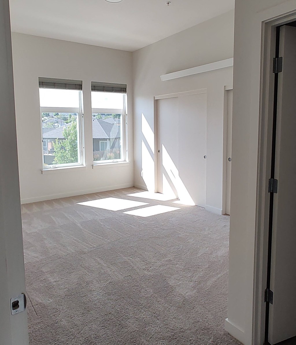 a bedroom with two windows and a door