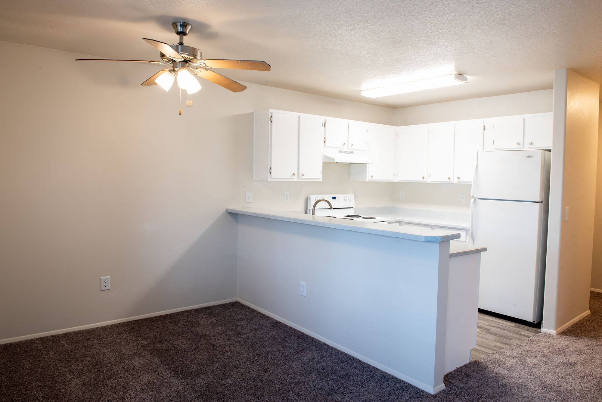 a kitchen with a counter top and a refrigerator