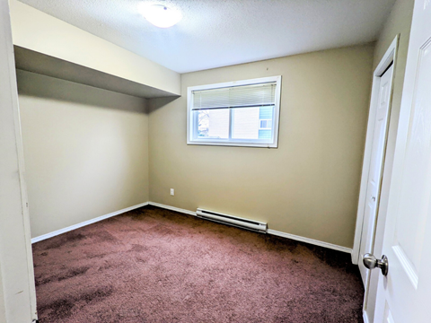 an empty room with carpet and a window