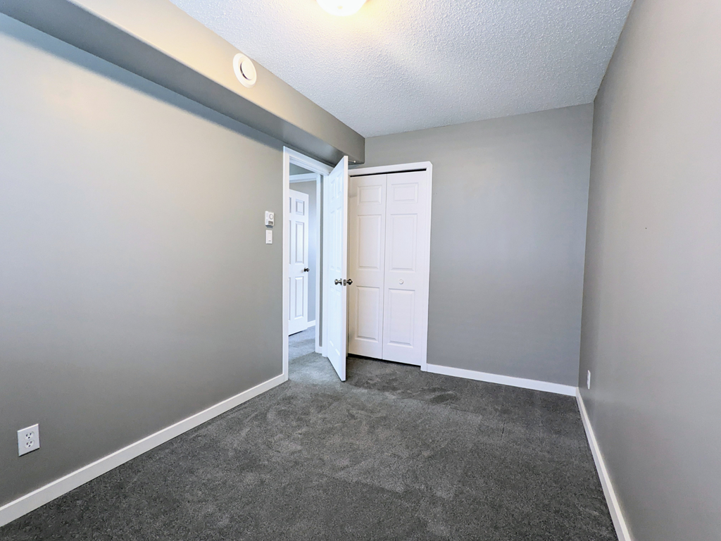 a empty living room with gray carpet and a white door