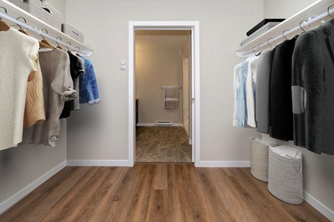 a walk in closet with a door to a bathroom with clothes hanging on the wall