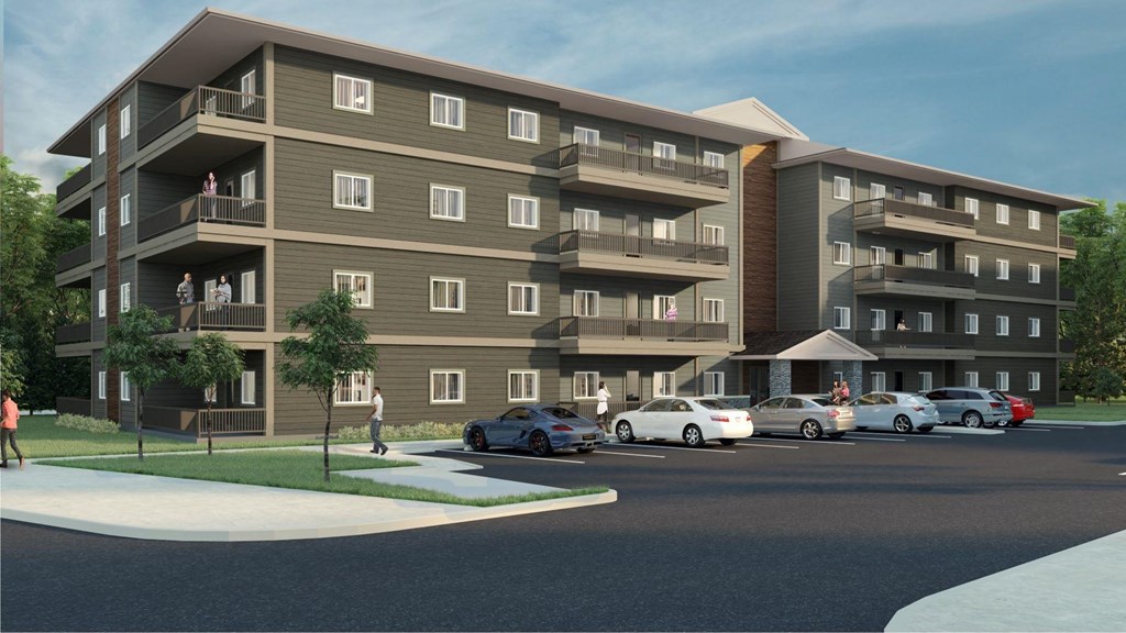 a rendering of an apartment building on a city street