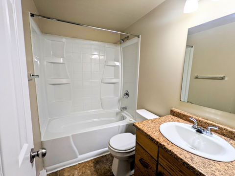 a bathroom with a shower sink and toilet and a mirror