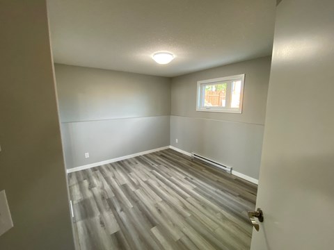 a empty room with vinyl flooring and a window