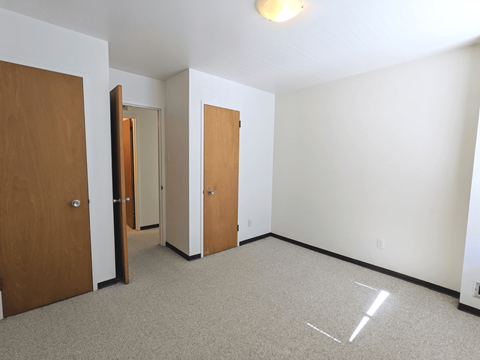 a bedroom with three doors and a carpeted floor