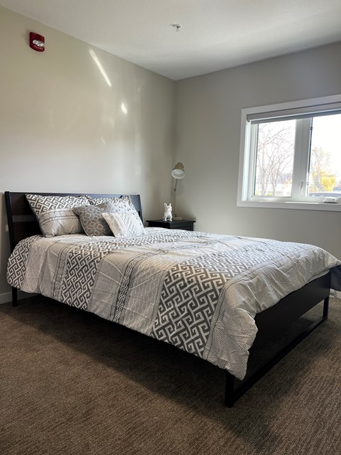 A bed with a black frame and a patterned comforter is in a room with a window.