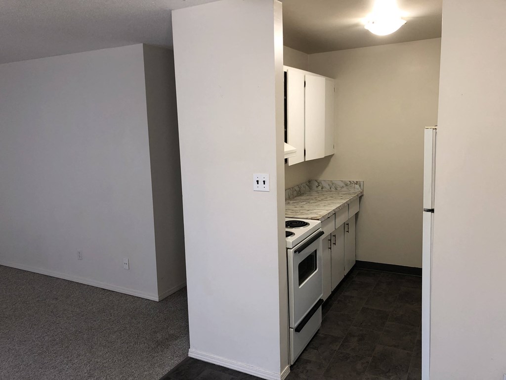 a kitchen with white cabinets and a stove and a refrigerator