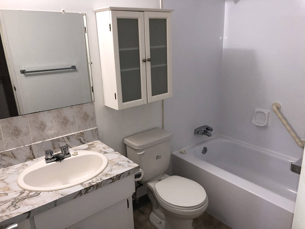 a bathroom with a sink toilet and a bath tub