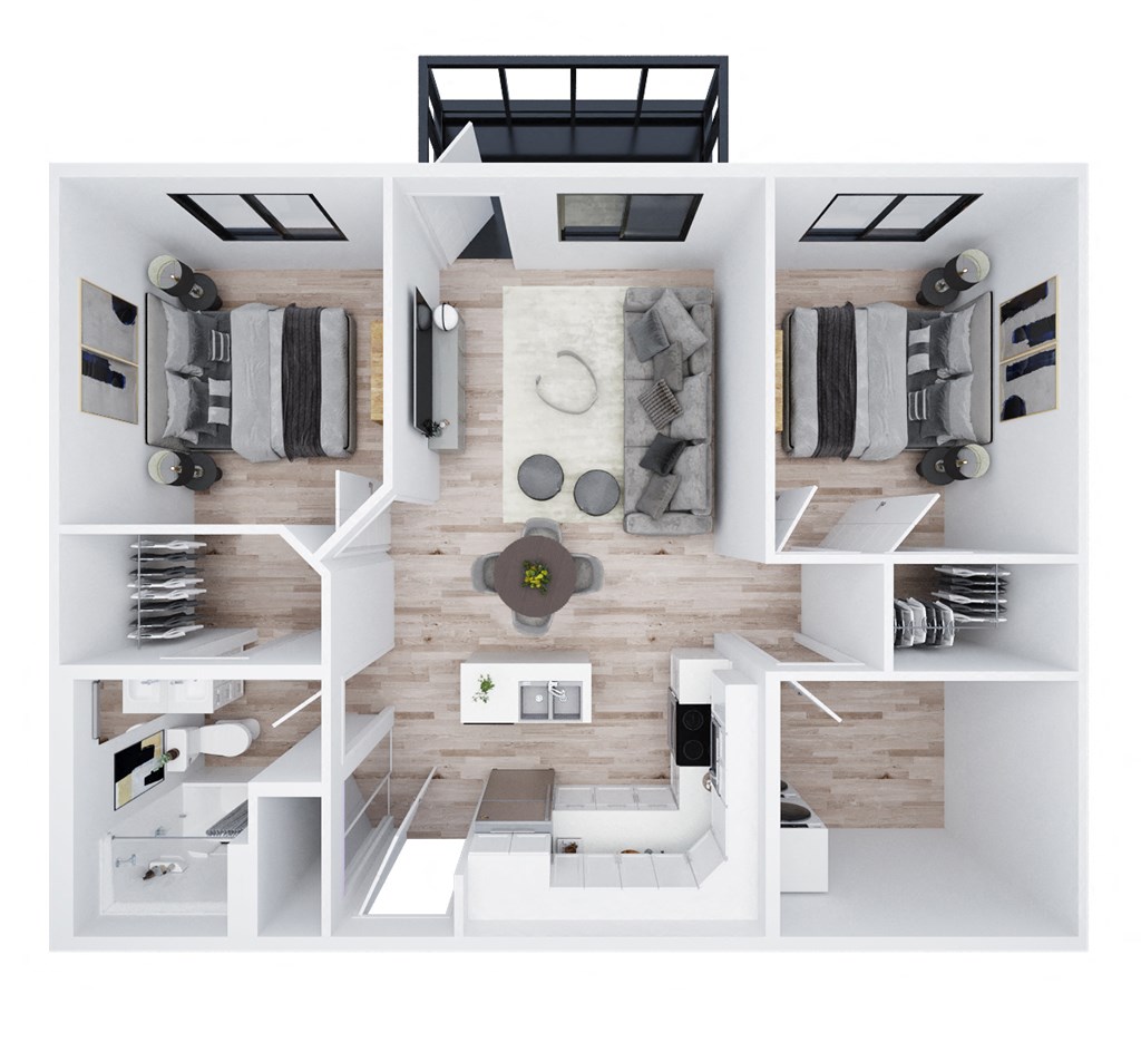 a 3d floor plan of a house with a bedroom and a living room