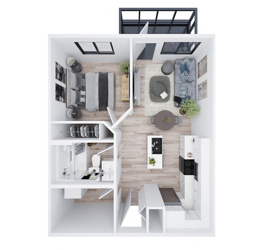 a stylized floor plan of a 1 bedroom apartment