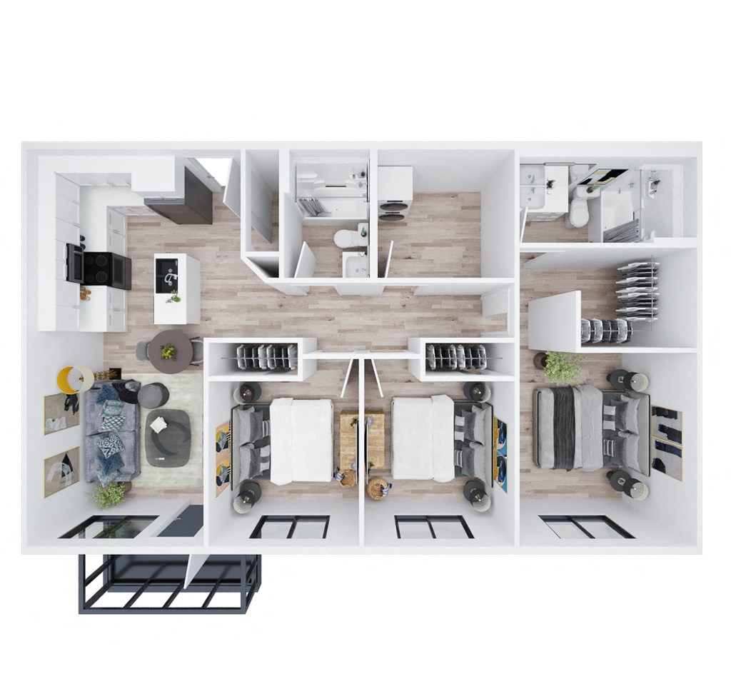 a 3d rendering of the clubhouse of a 1 bedroom apartment