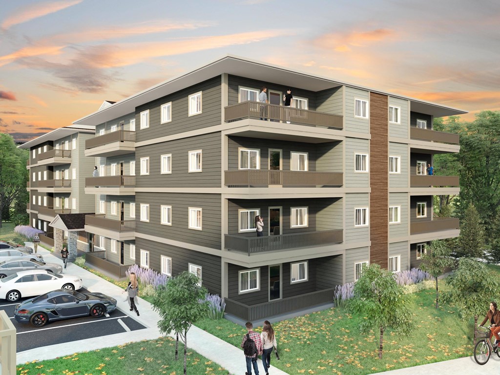 a rendering of a large apartment building on a city street